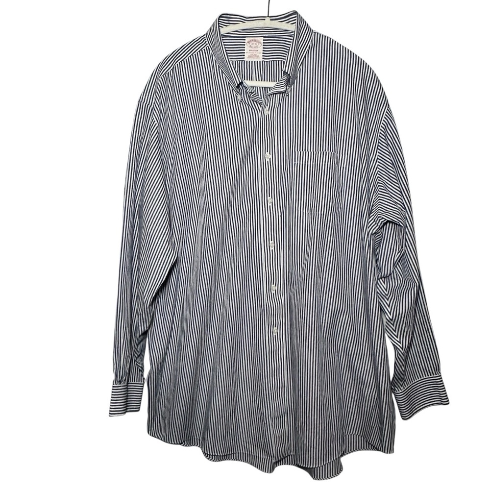 Brooks Brothers Navy and White Vertical Stripe Button-Down Shirt- Size 18-35